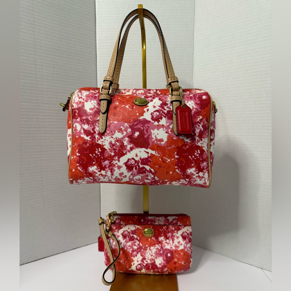 Coach Floral Red/Pink Peyton Mini Bennett Satchel-Crossbody & Wristlet Set